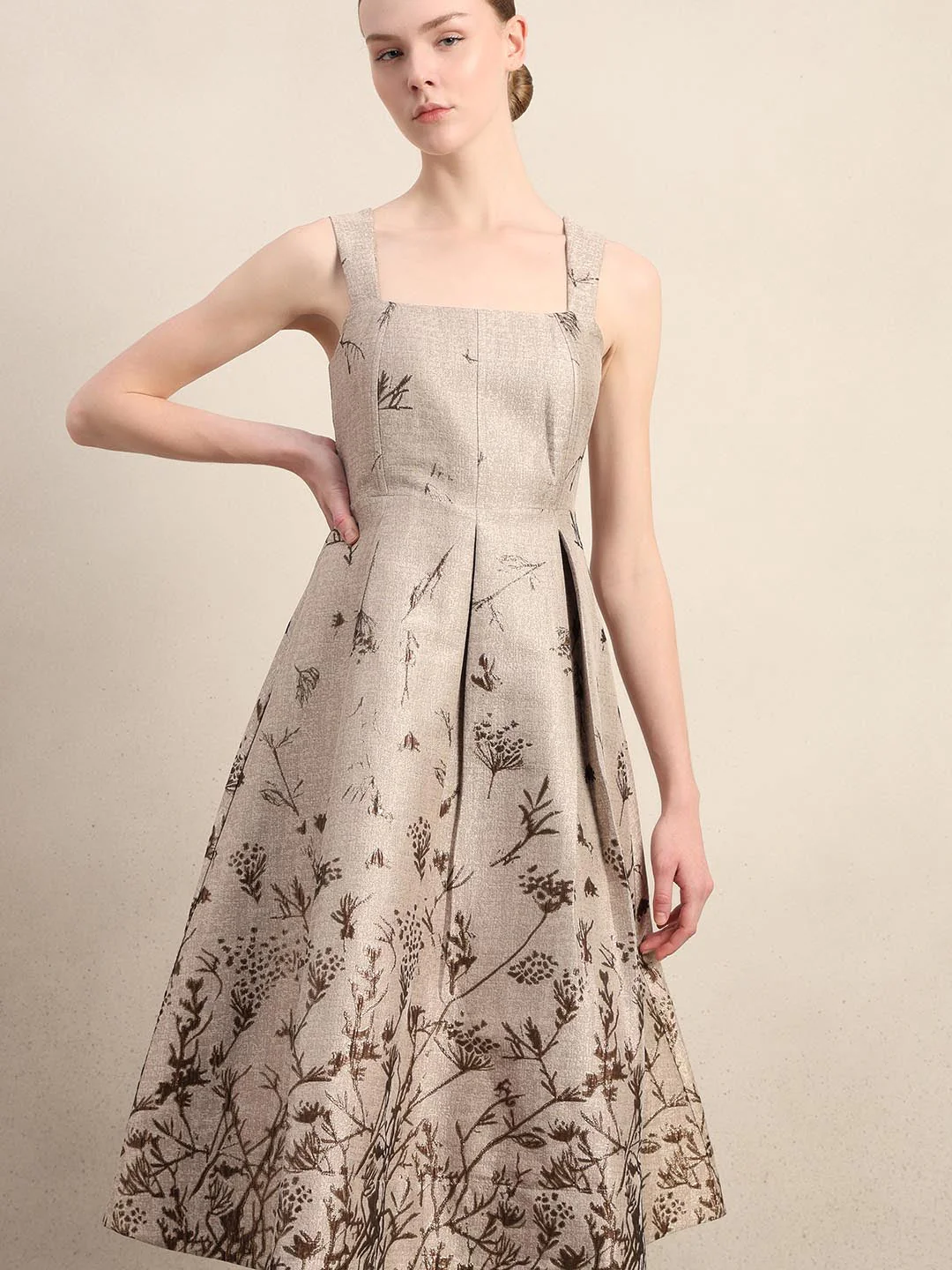 Beige Printed Smocked Midi Dress - Image 5