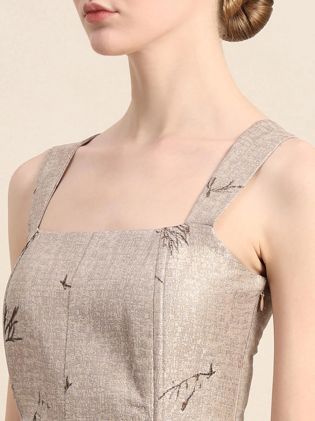 Beige Printed Smocked Midi Dress - Image 6