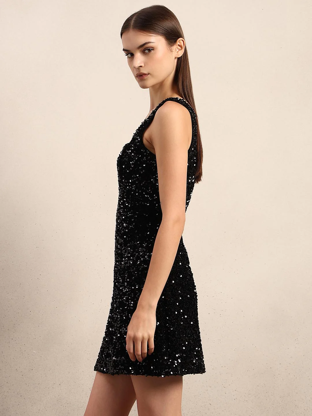 Black Sequined Embellished Mini Dress - Image 3