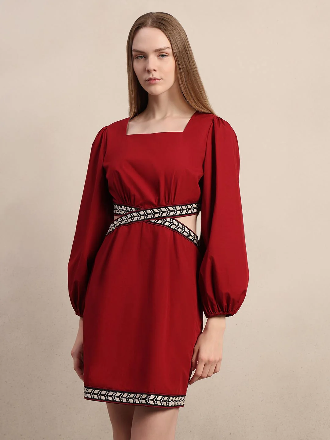 Red Puff Sleeves Mini Dress - Image 2