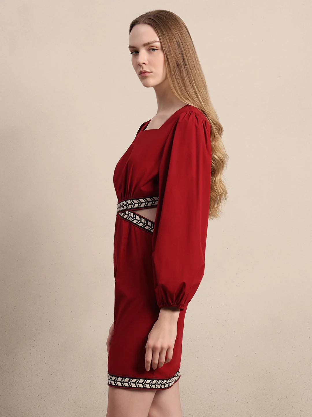 Red Puff Sleeves Mini Dress - Image 3