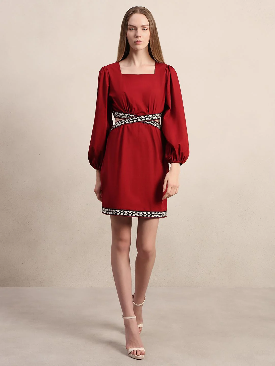 Red Puff Sleeves Mini Dress - Image 5