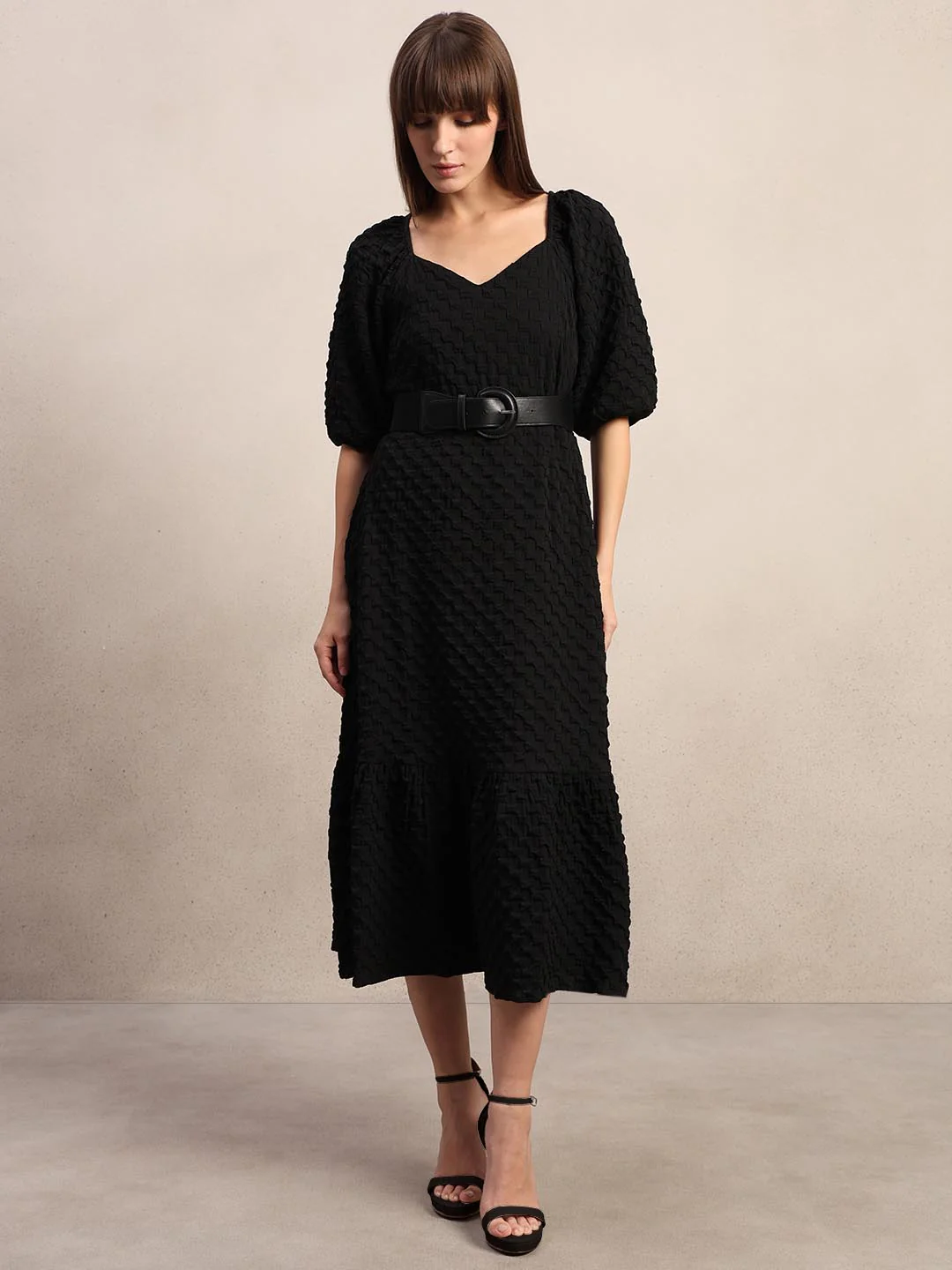 Black Textured Puff Sleeves Dress - Image 2