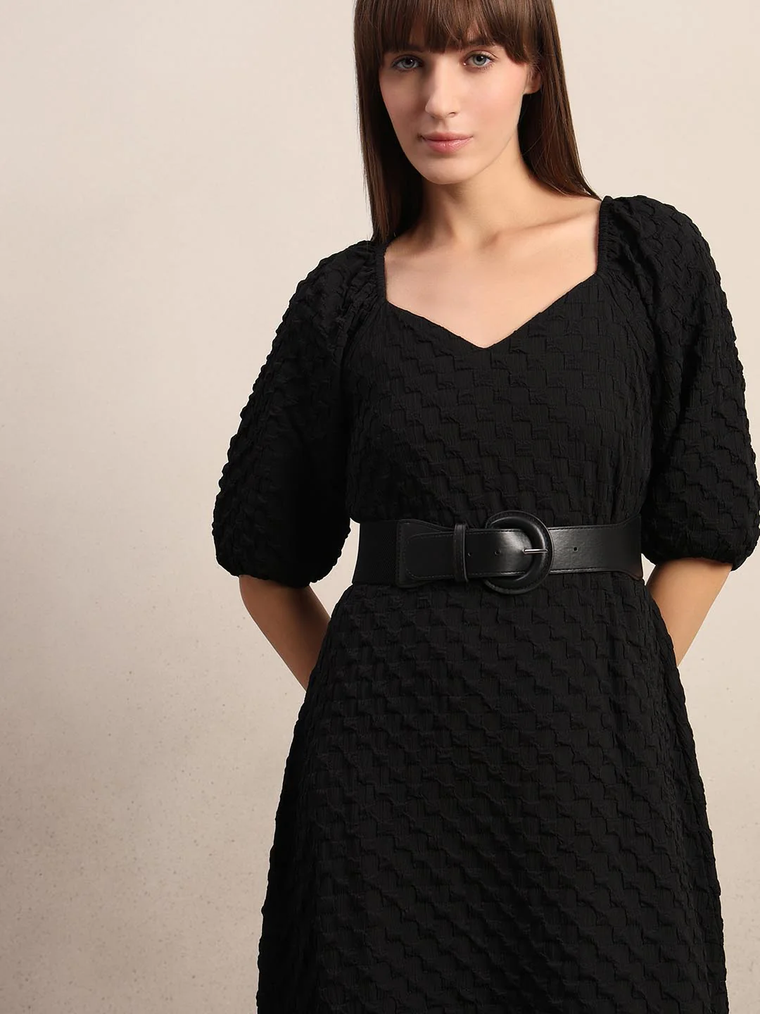 Black Textured Puff Sleeves Dress - Image 5