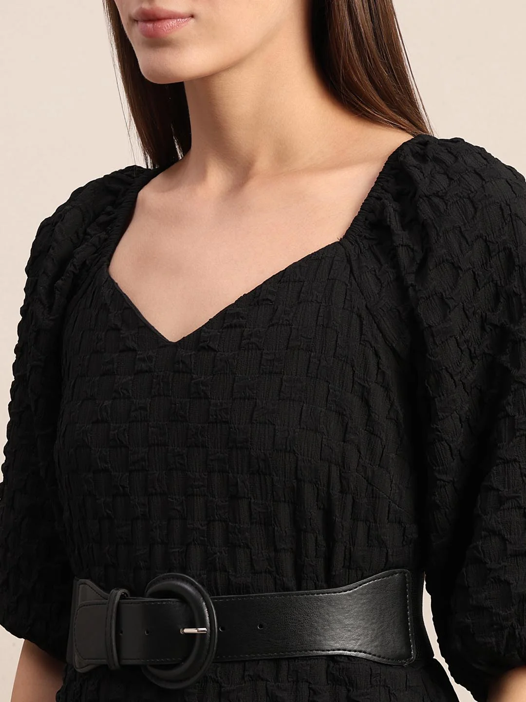 Black Textured Puff Sleeves Dress - Image 6
