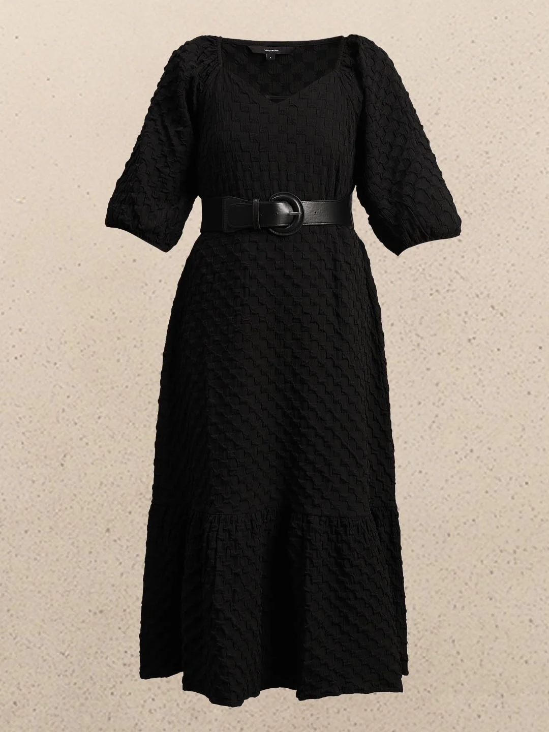 Black Textured Puff Sleeves Dress - Image 7