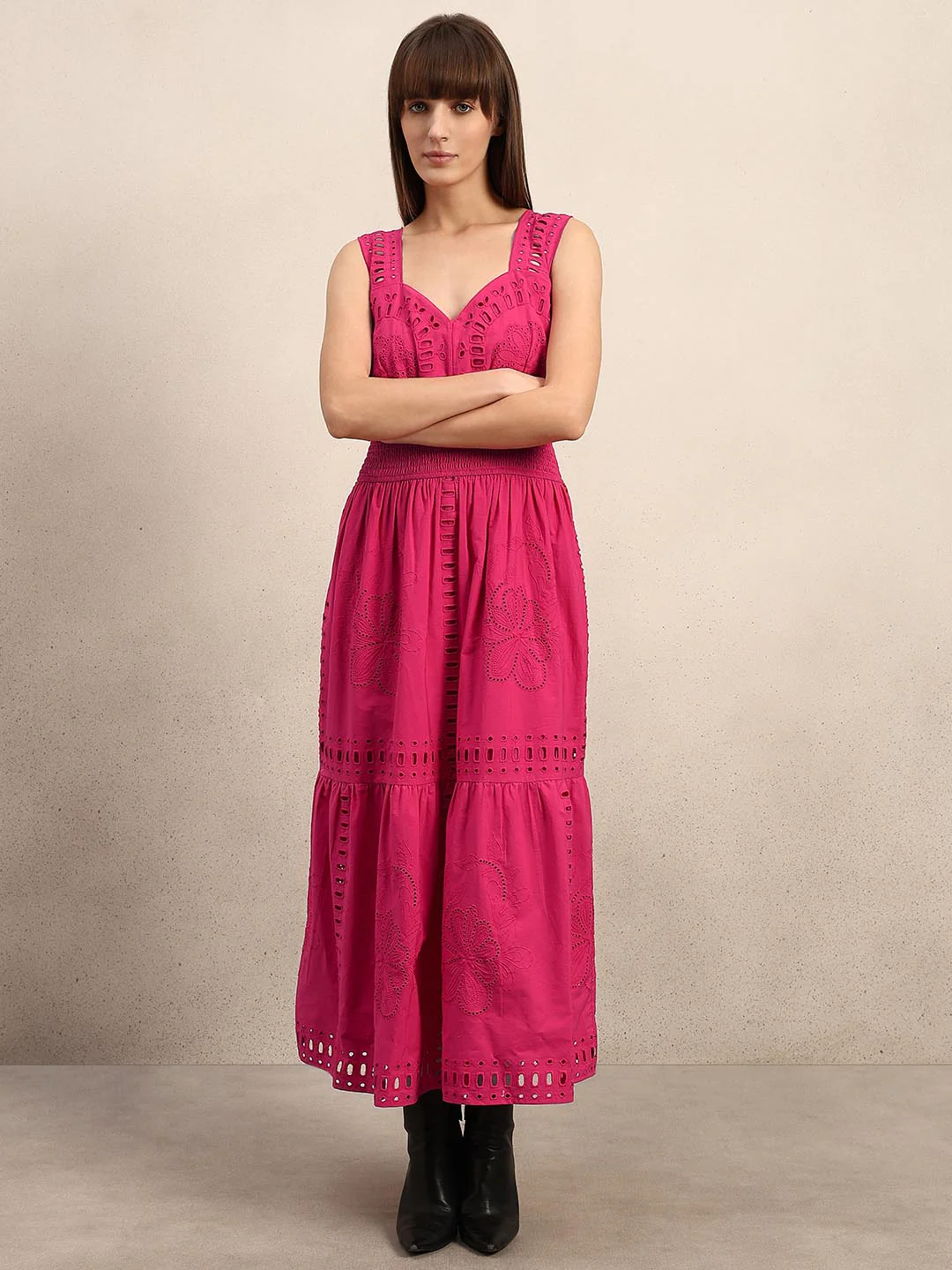 Pink Schiffli Cotton Midi Dress - Image 2