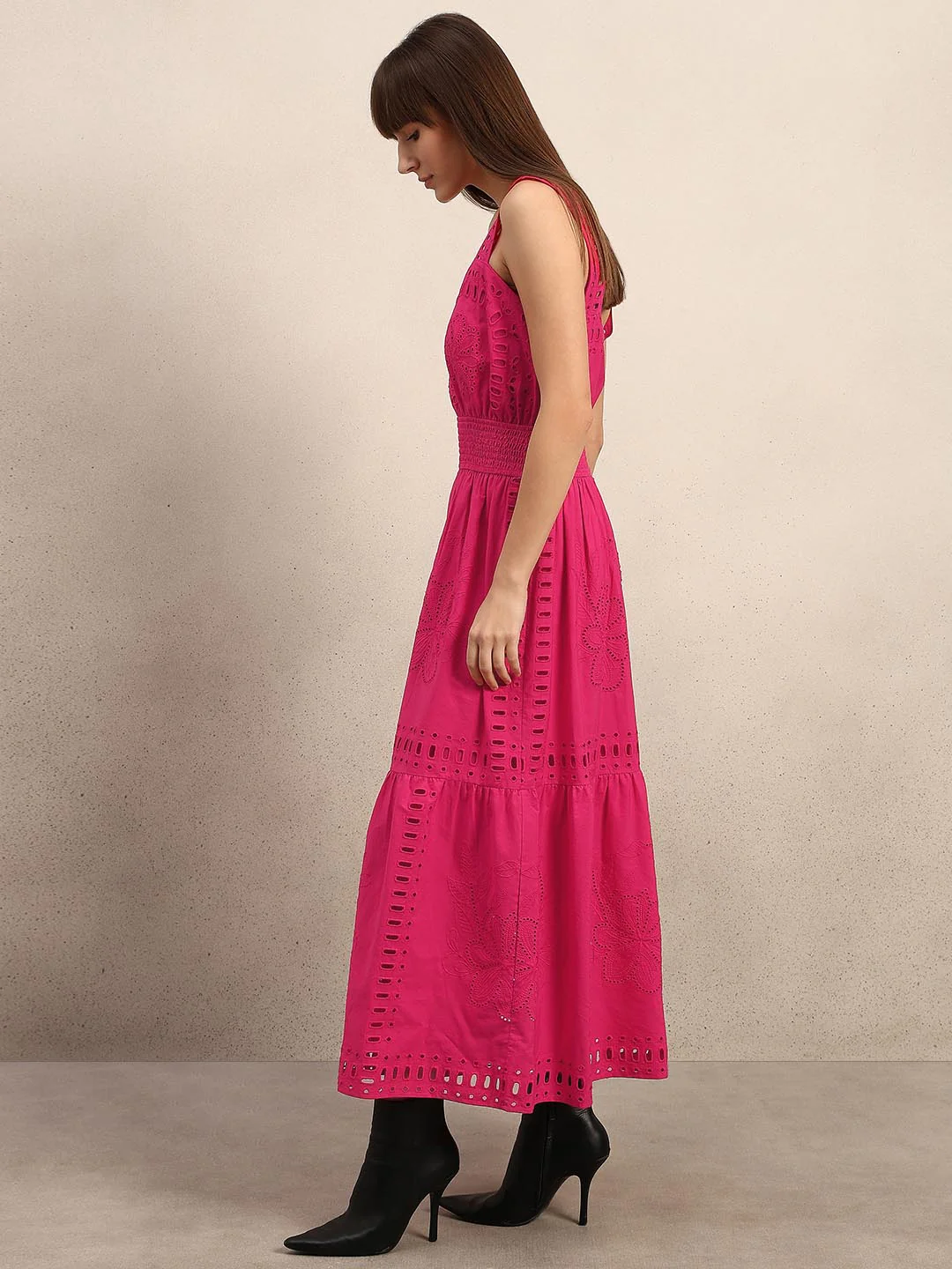 Pink Schiffli Cotton Midi Dress - Image 3