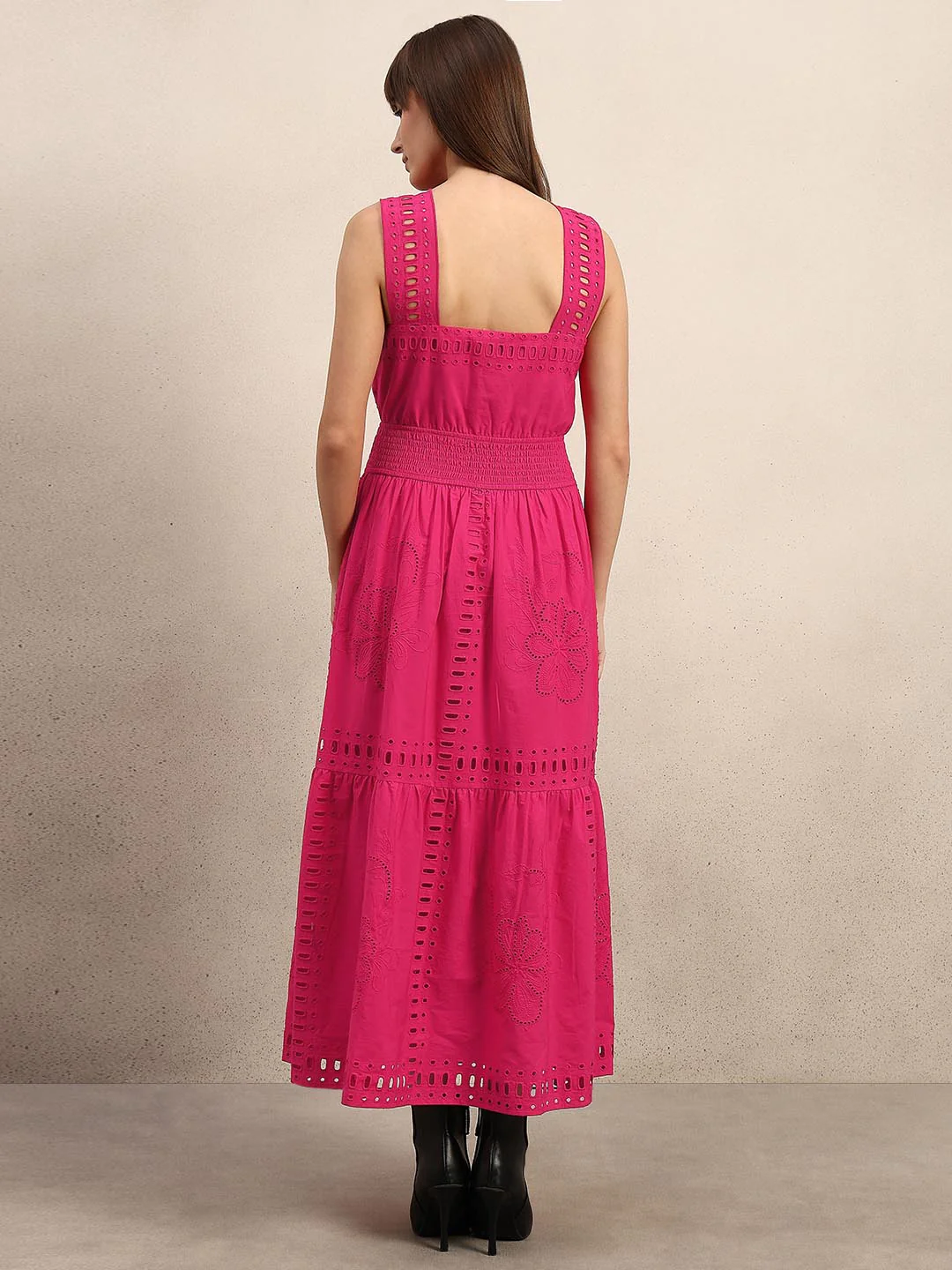 Pink Schiffli Cotton Midi Dress - Image 4