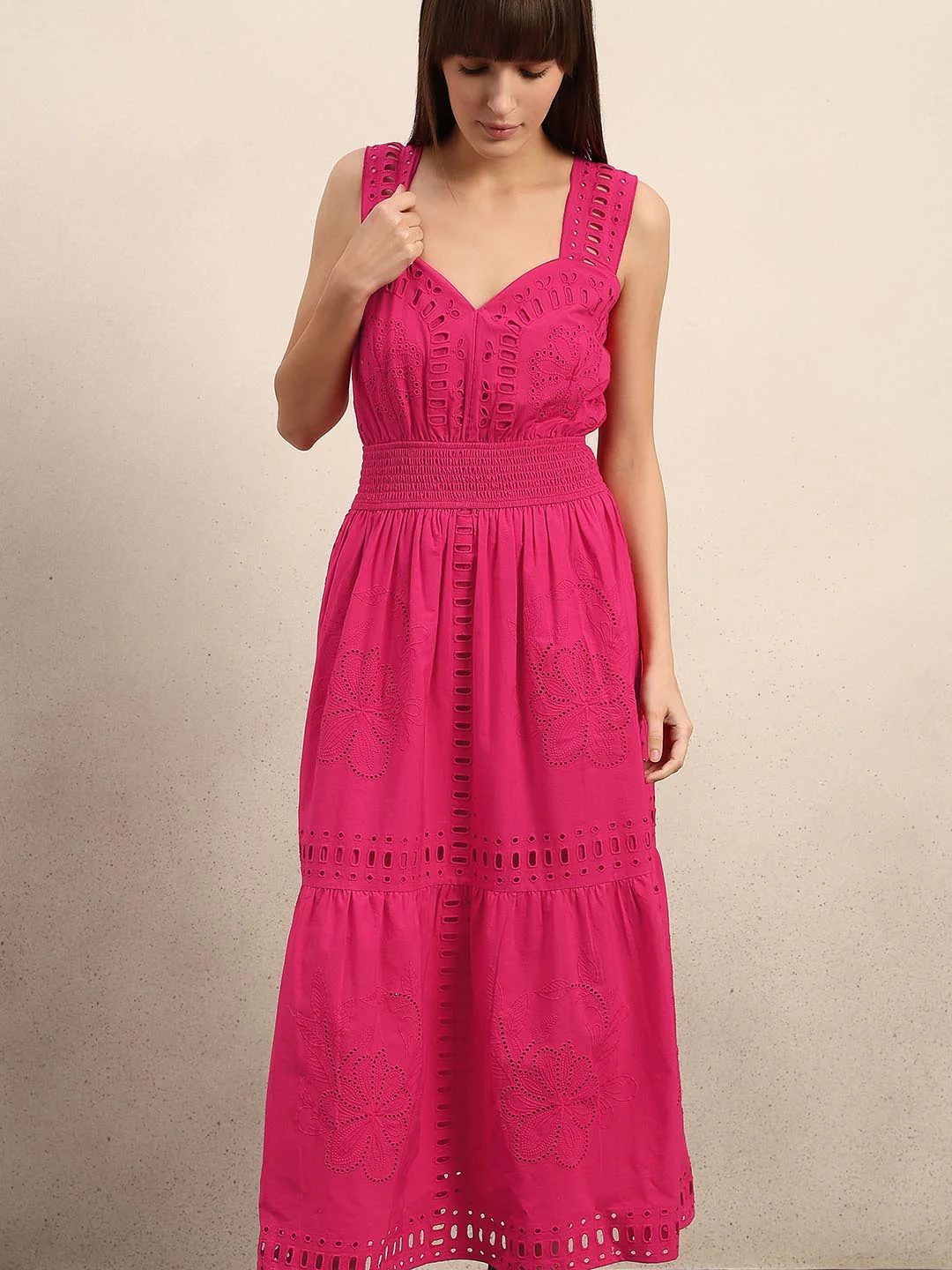 Pink Schiffli Cotton Midi Dress - Image 5