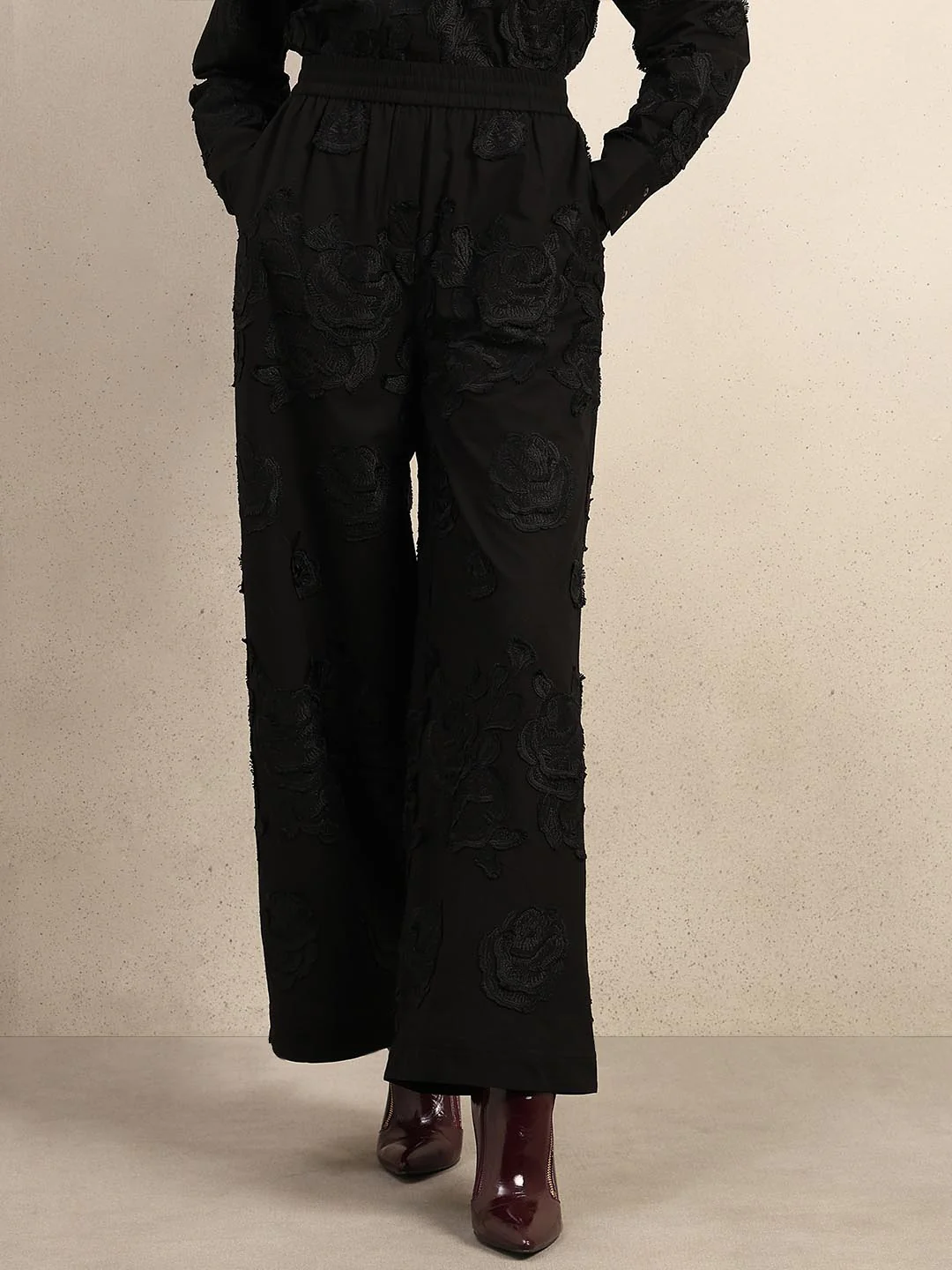 Black Floral Embroidered Pants - Image 2
