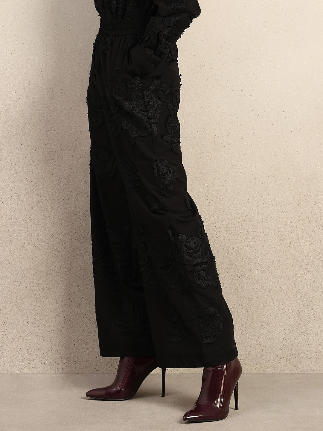 Black Floral Embroidered Pants - Image 3