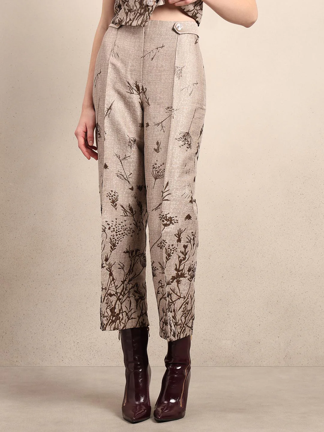 Beige Printed Straight Fit Pants - Image 2