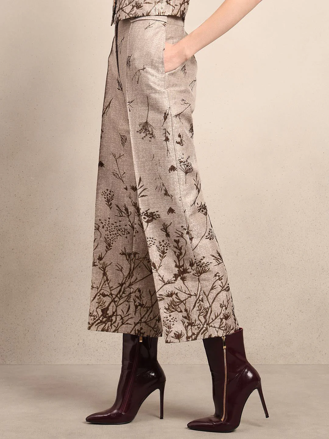 Beige Printed Straight Fit Pants - Image 3