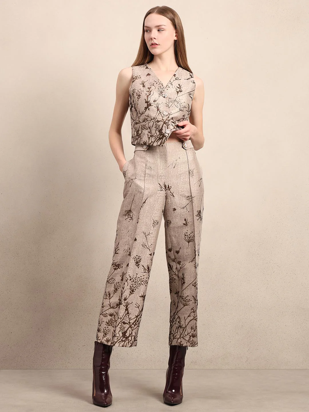 Beige Printed Straight Fit Pants - Image 5