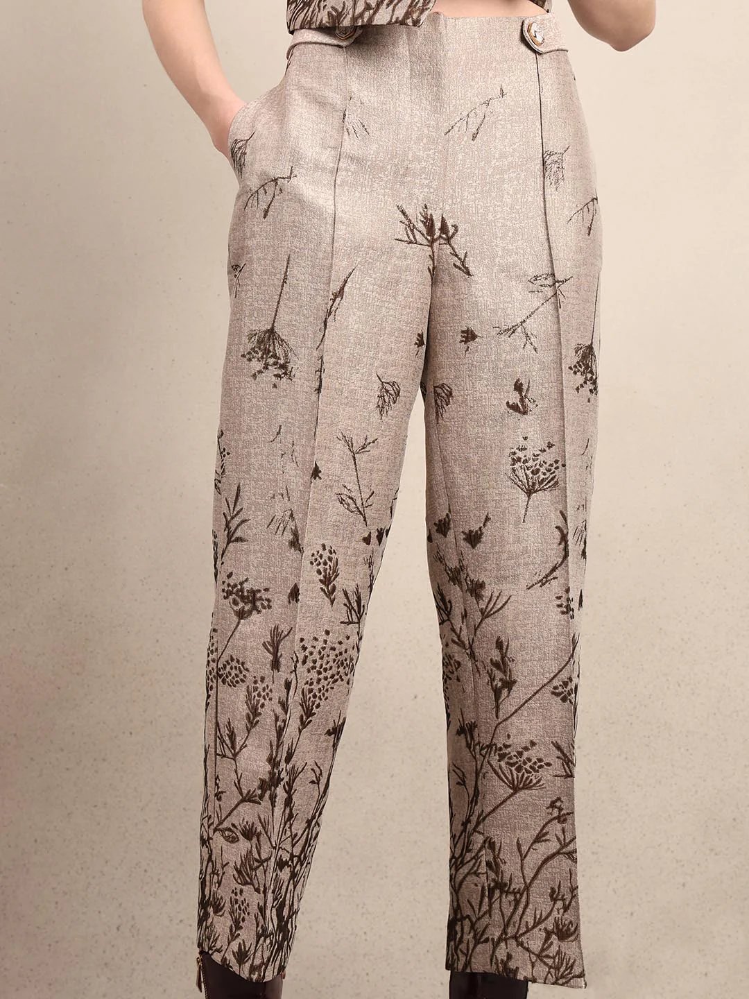 Beige Printed Straight Fit Pants - Image 6