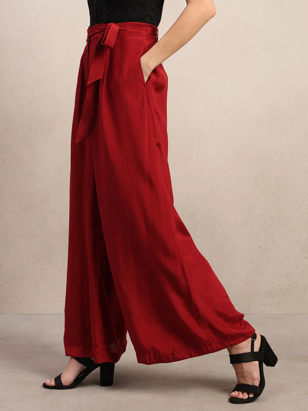 Red High Rise Wide Leg Pants - Image 3