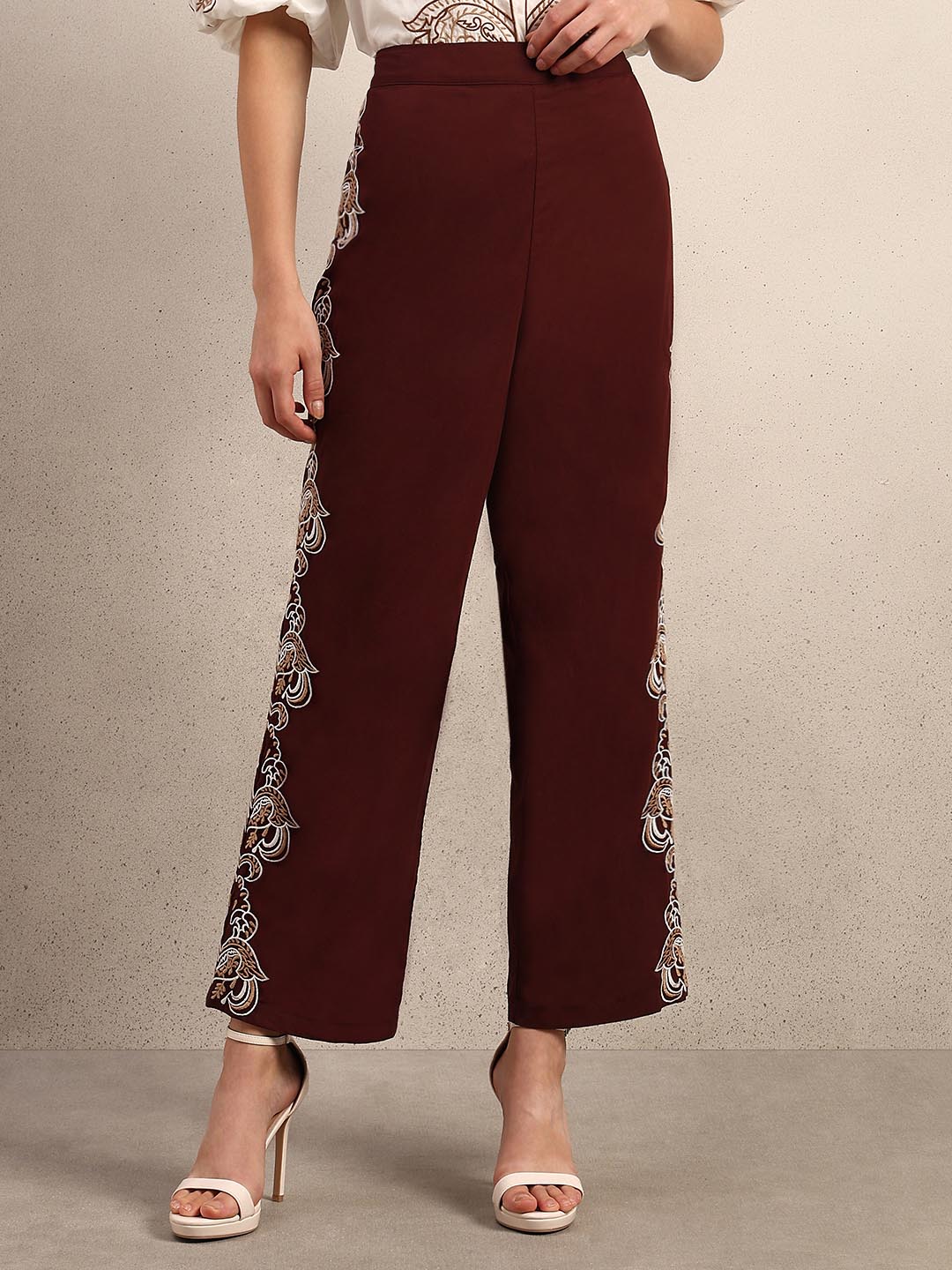 Chocolate Brown Embroidered Cotton Pants - Image 2