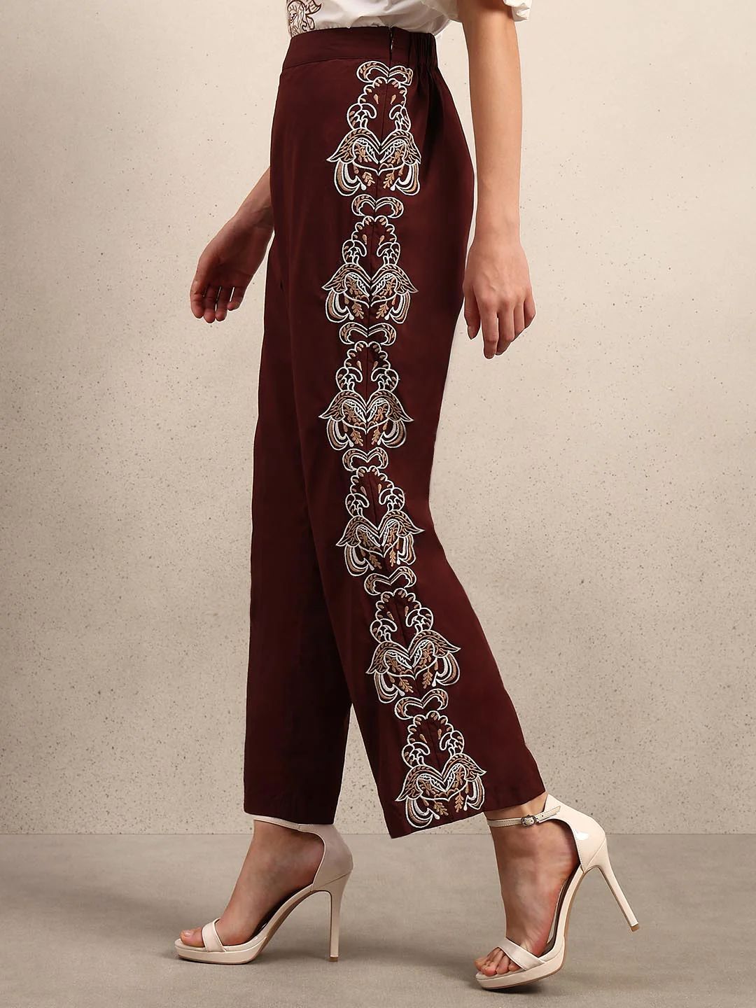 Chocolate Brown Embroidered Cotton Pants - Image 3