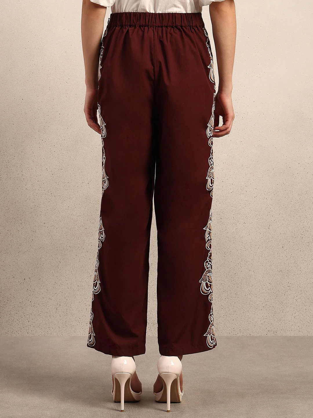Chocolate Brown Embroidered Cotton Pants - Image 4