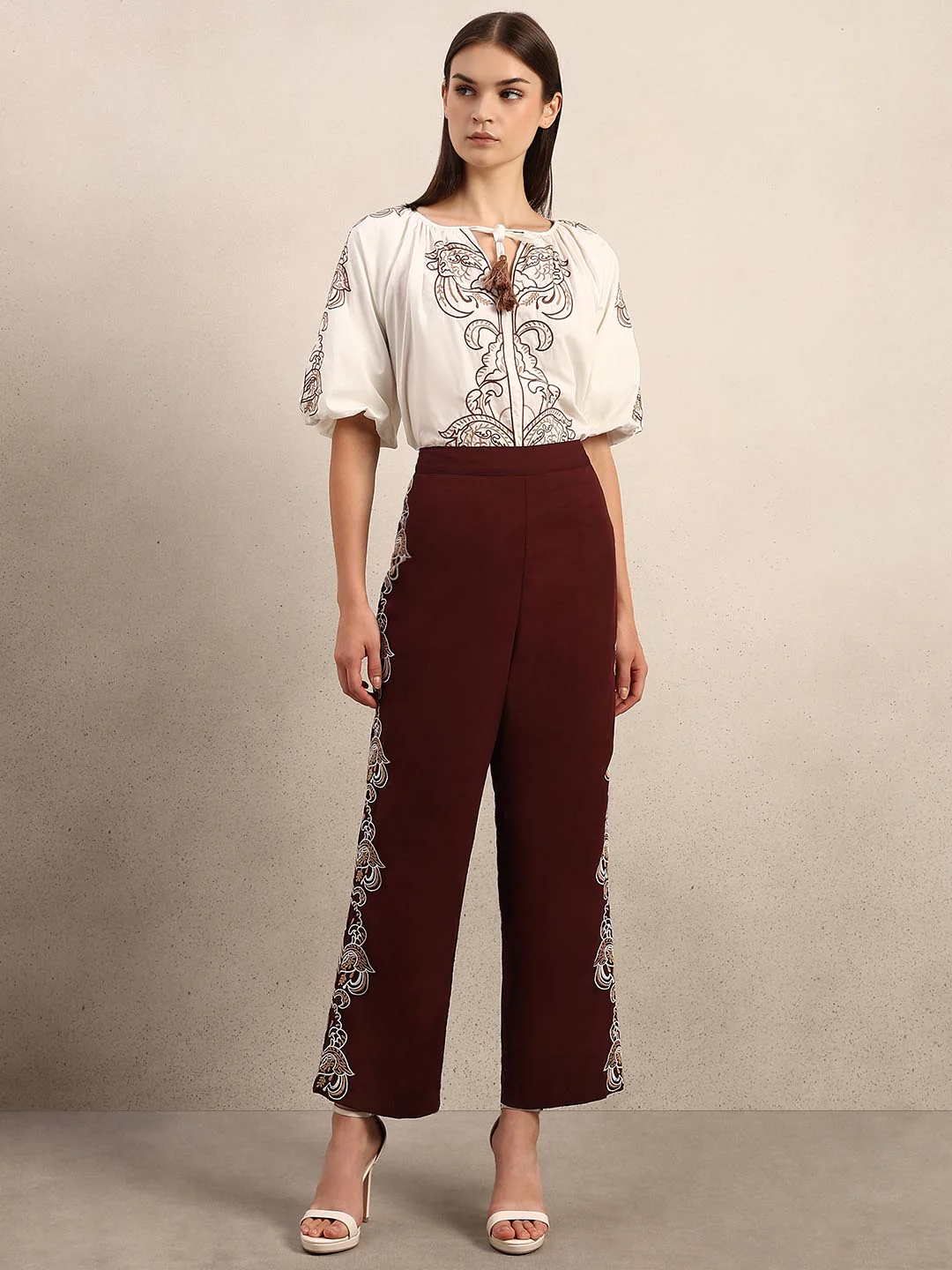 Chocolate Brown Embroidered Cotton Pants - Image 5
