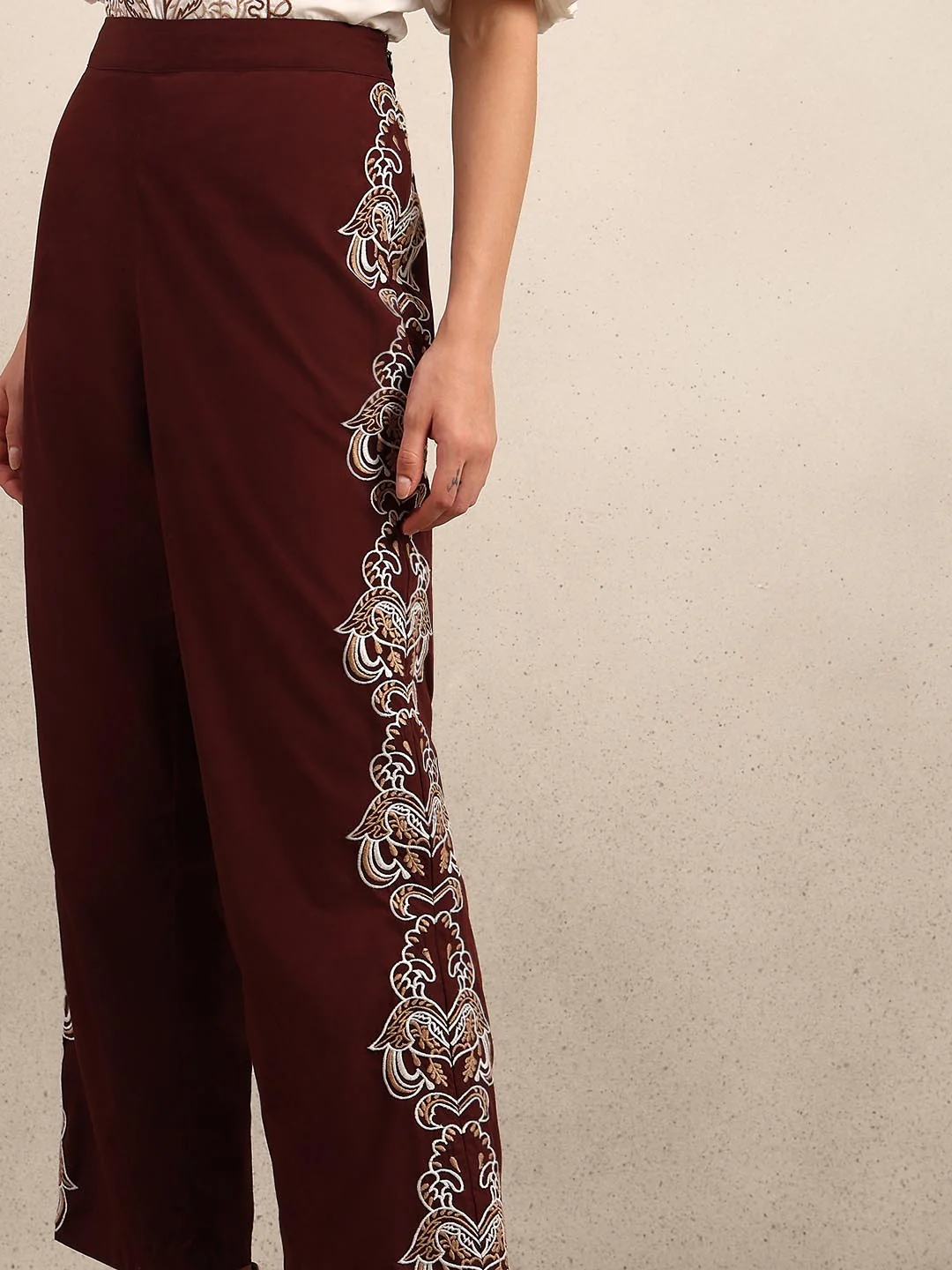 Chocolate Brown Embroidered Cotton Pants - Image 6