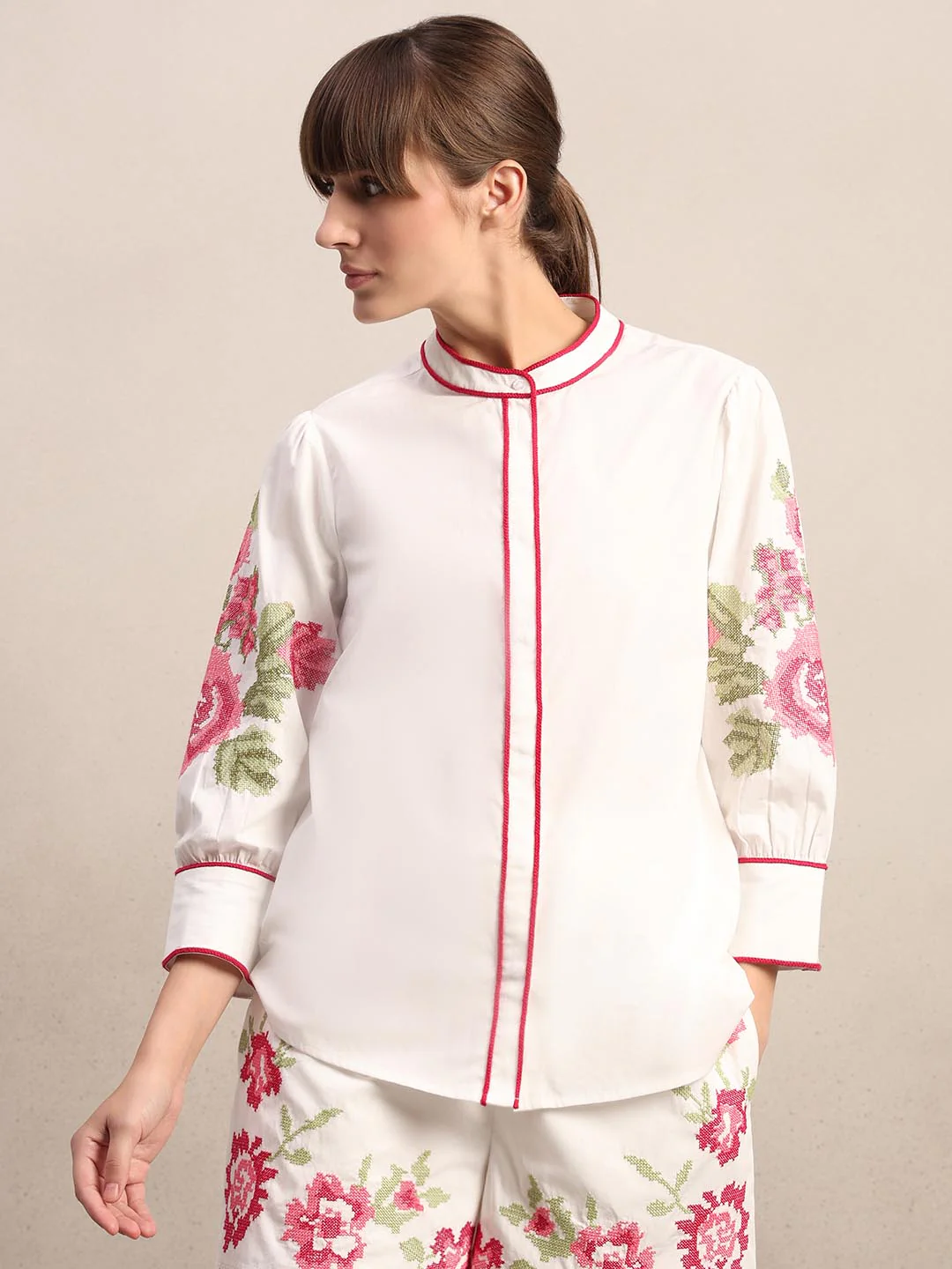 White Floral Embroidered Cotton Shirt - Image 2