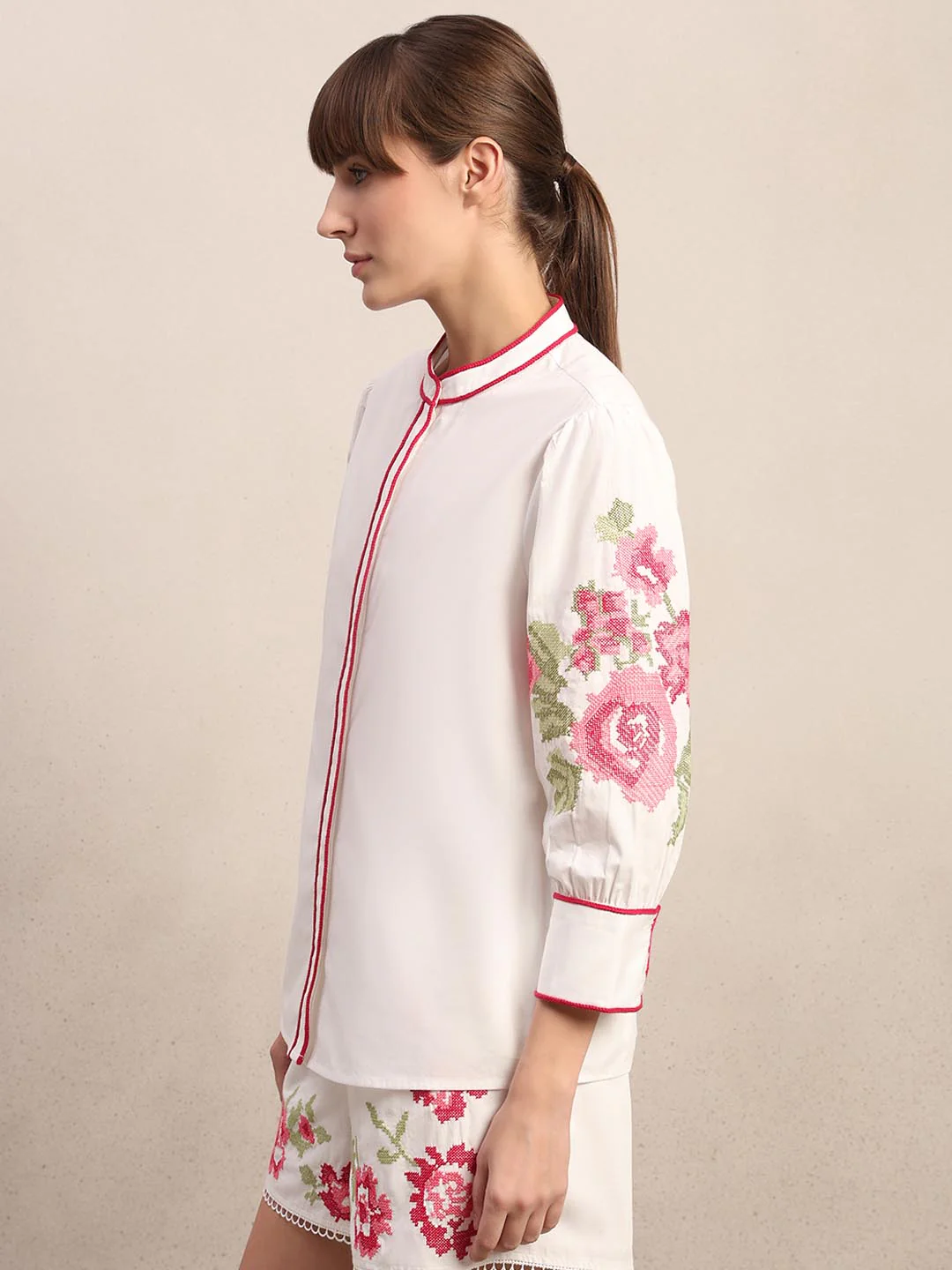 White Floral Embroidered Cotton Shirt - Image 3