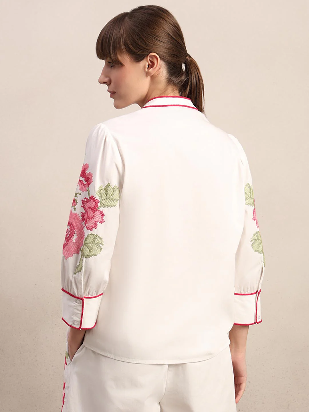 White Floral Embroidered Cotton Shirt - Image 4