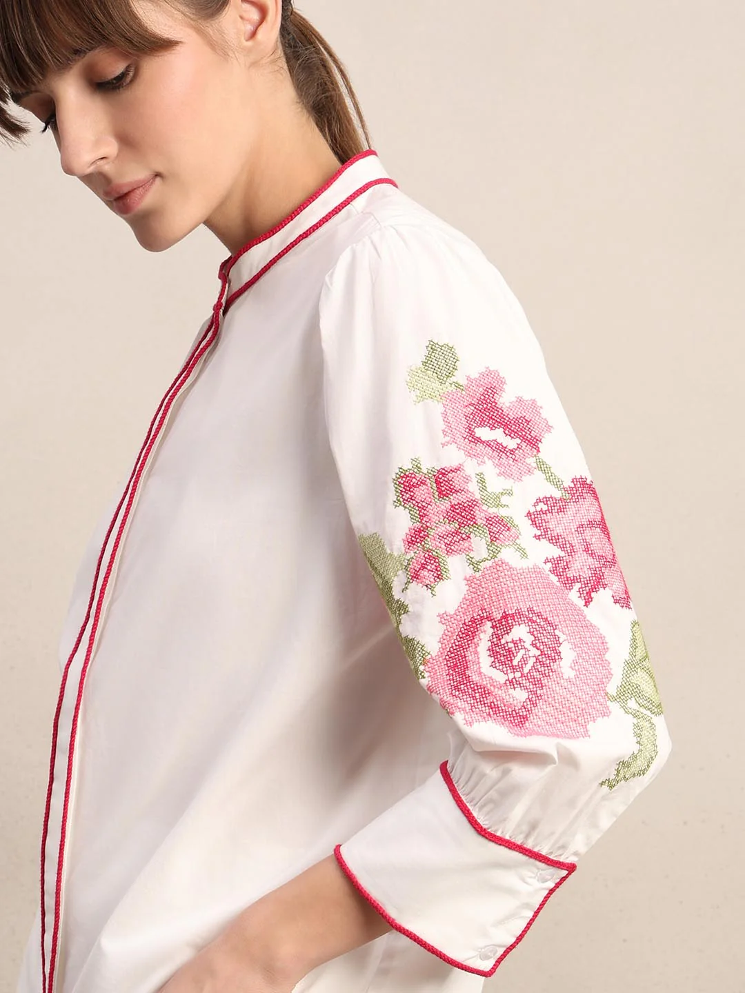 White Floral Embroidered Cotton Shirt - Image 6
