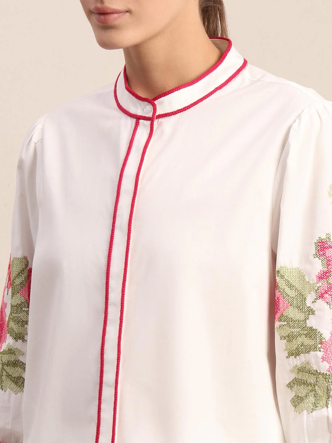 White Floral Embroidered Cotton Shirt - Image 8