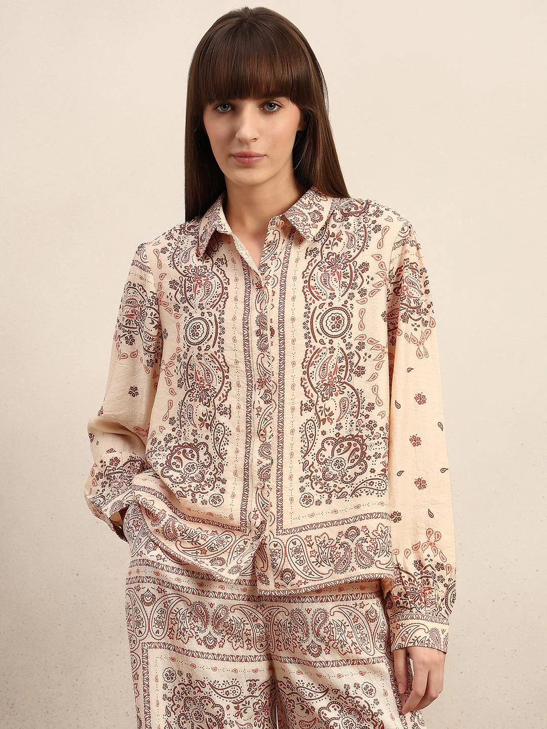 Beige Printed Regular Fit Shirt - Image 2