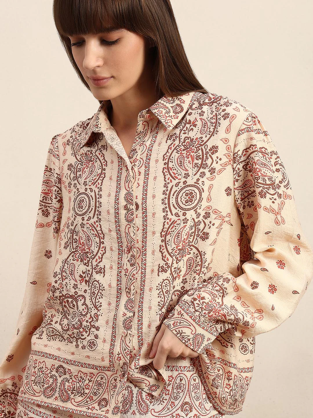 Beige Printed Regular Fit Shirt - Image 6