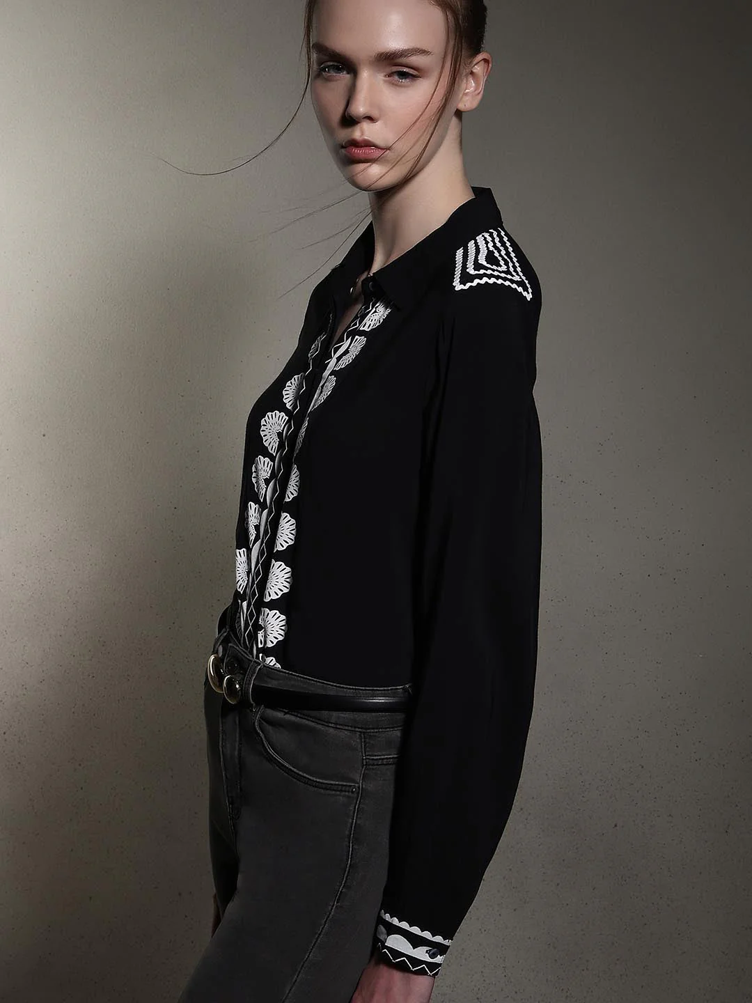 Black Contrast Embroidery Viscose Shirt