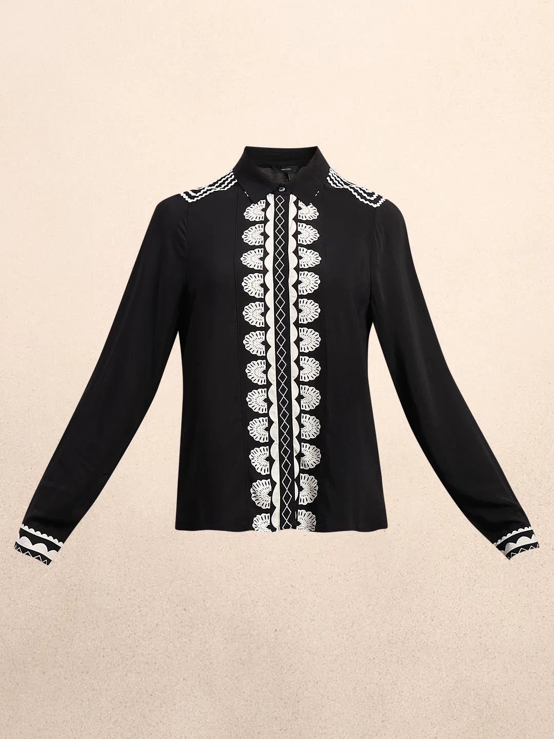 Black Contrast Embroidery Viscose Shirt - Image 7