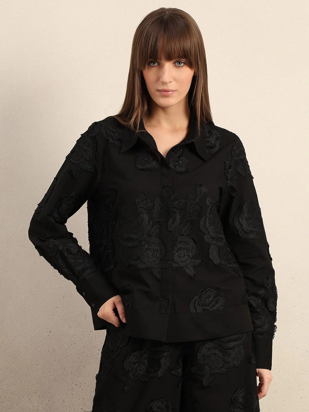 Black Floral Embroidered Shirt - Image 2