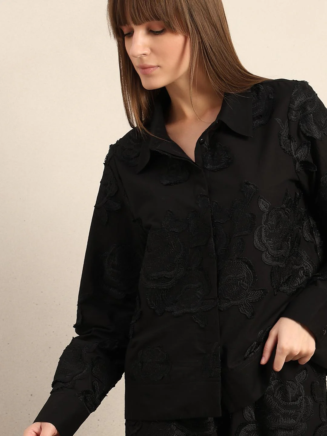 Black Floral Embroidered Shirt - Image 6