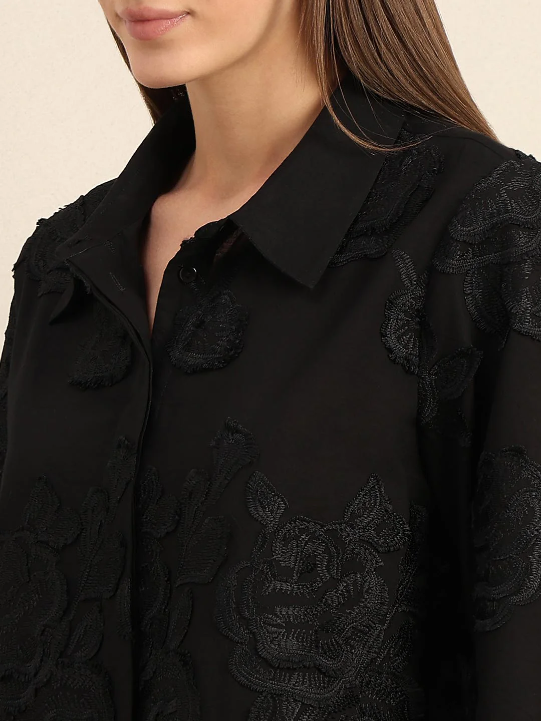 Black Floral Embroidered Shirt - Image 8