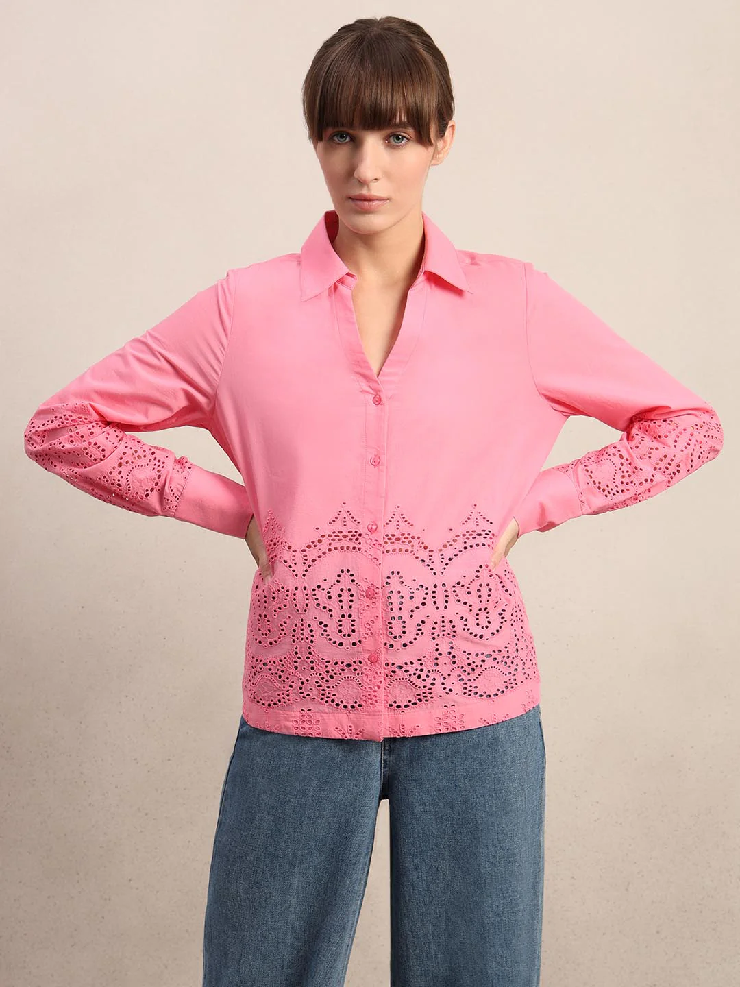 Pink Textured Cotton Shirt - Image 2