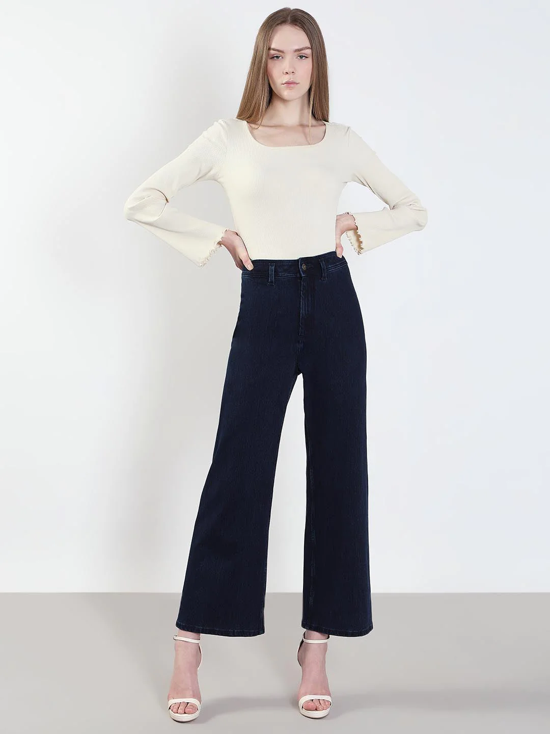Dark Blue High Rise Wide Leg Jeans - Image 5