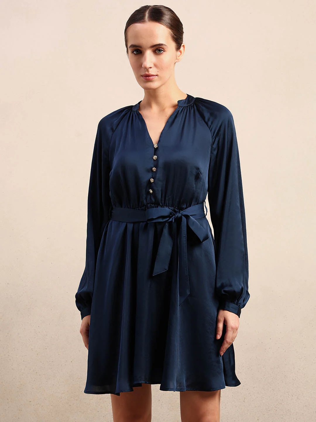 Long Sleeves Belted Mini Dress - Blue - Image 2