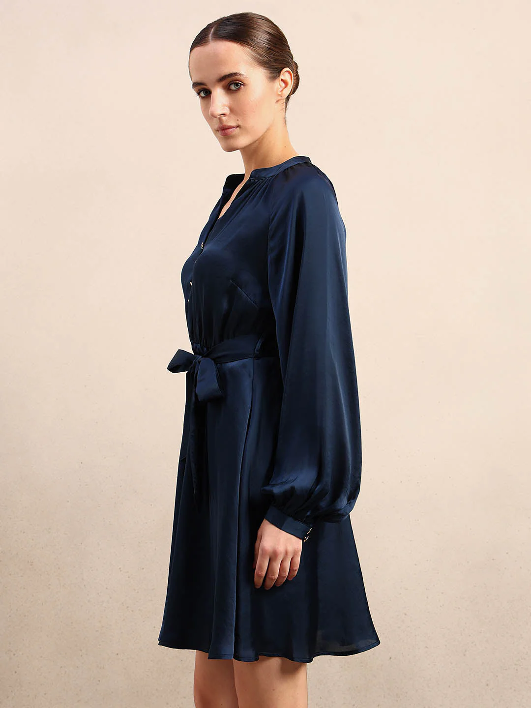 Long Sleeves Belted Mini Dress - Blue - Image 3