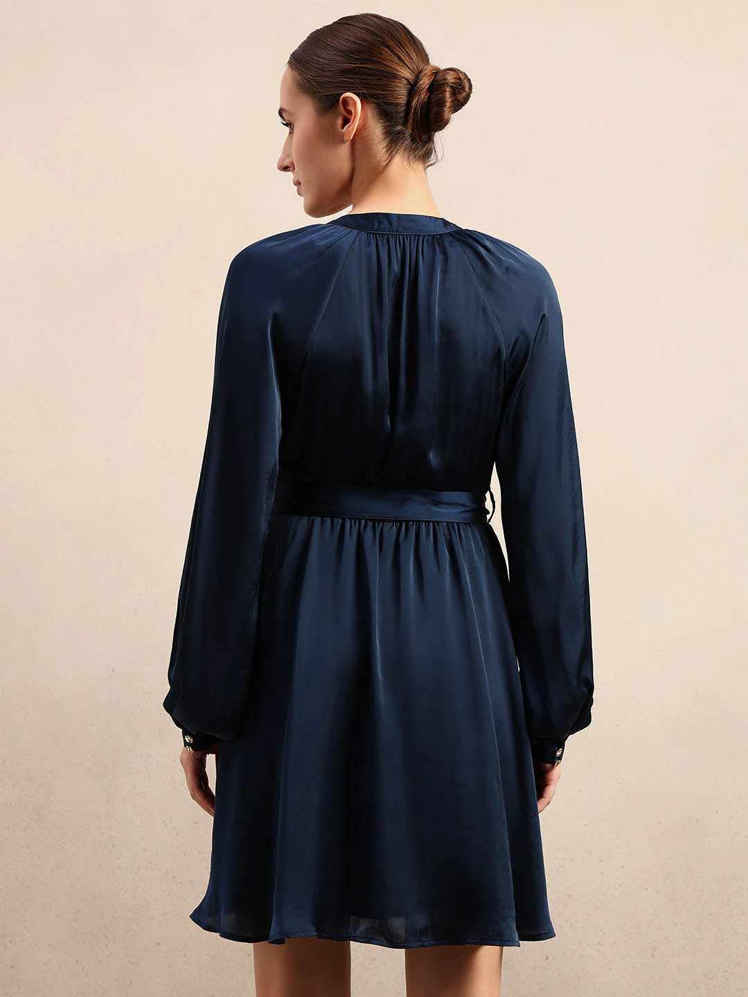 Long Sleeves Belted Mini Dress - Blue - Image 4