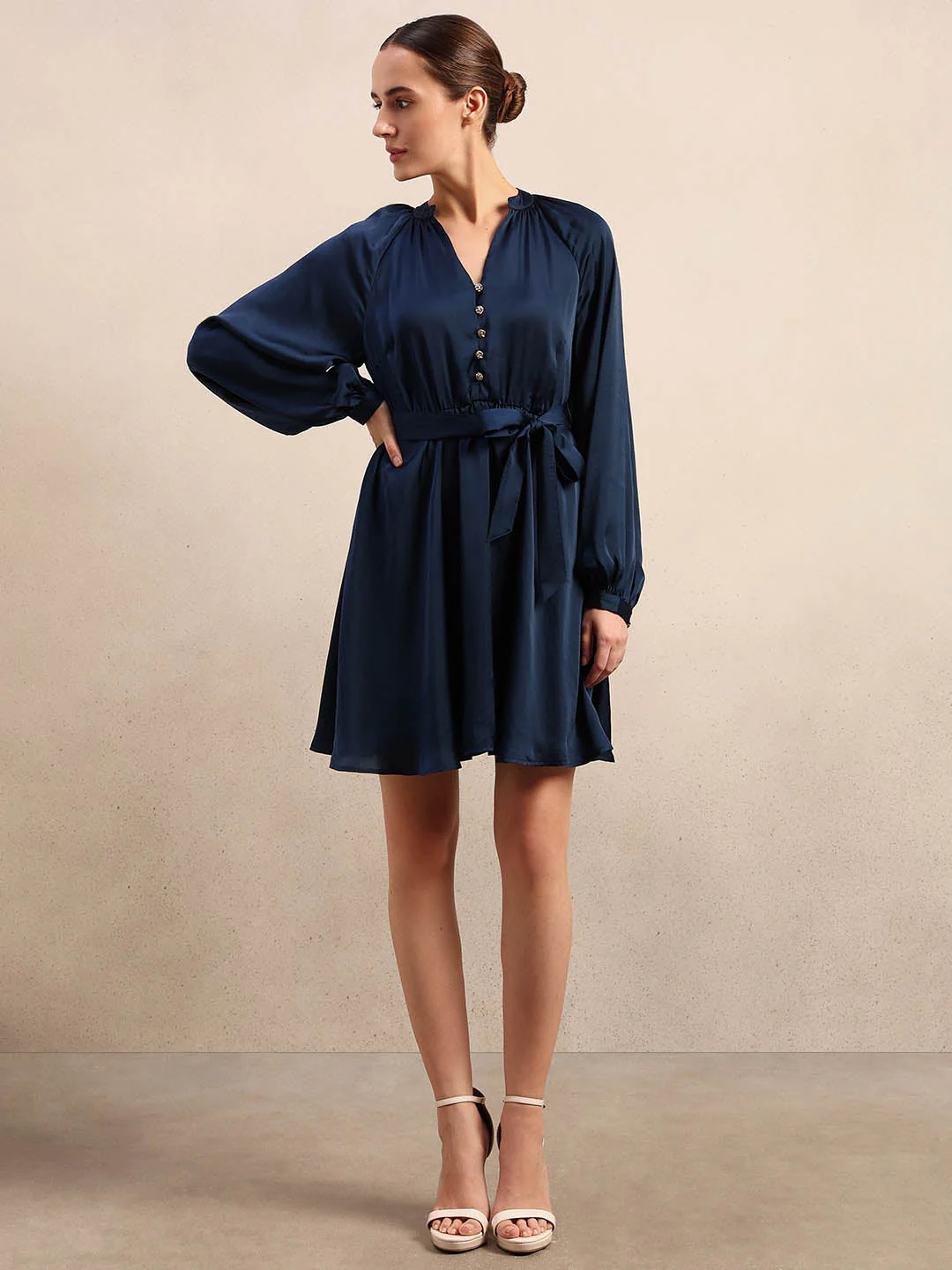 Long Sleeves Belted Mini Dress - Blue - Image 5