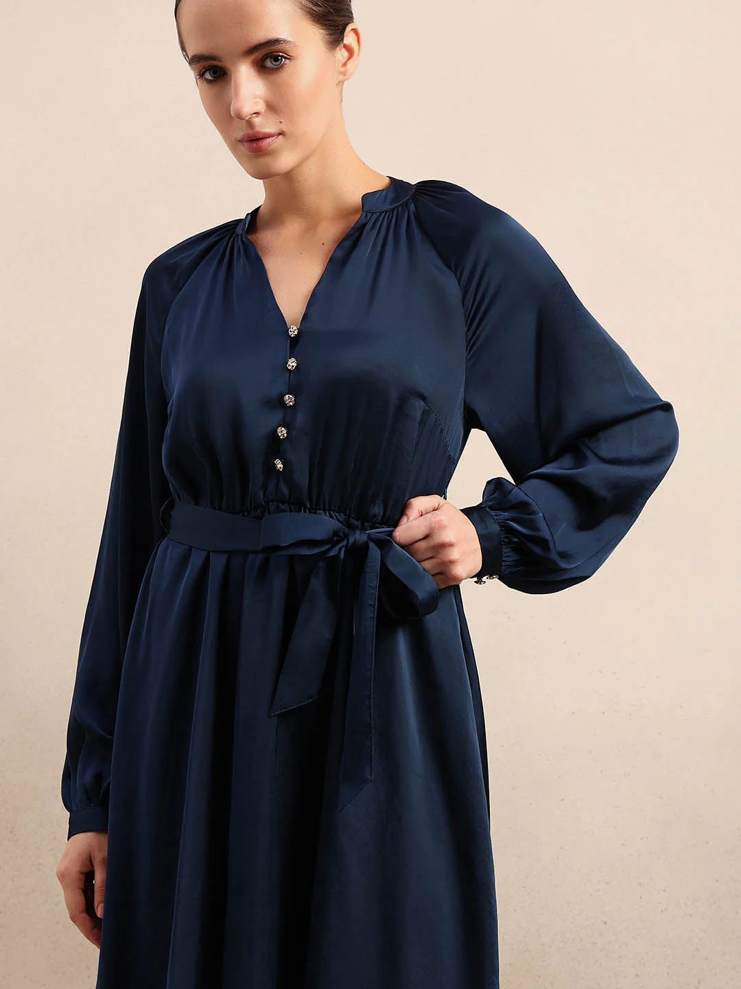 Long Sleeves Belted Mini Dress - Blue - Image 6