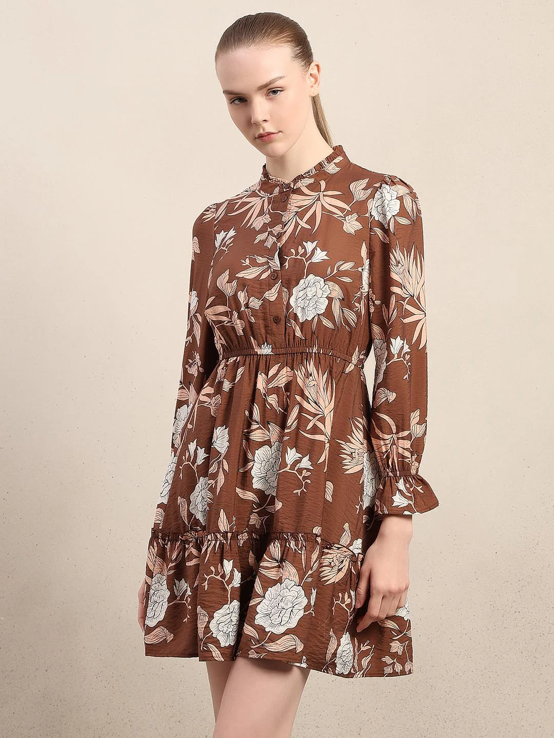 Brown Floral Print Mini Dress - Image 2