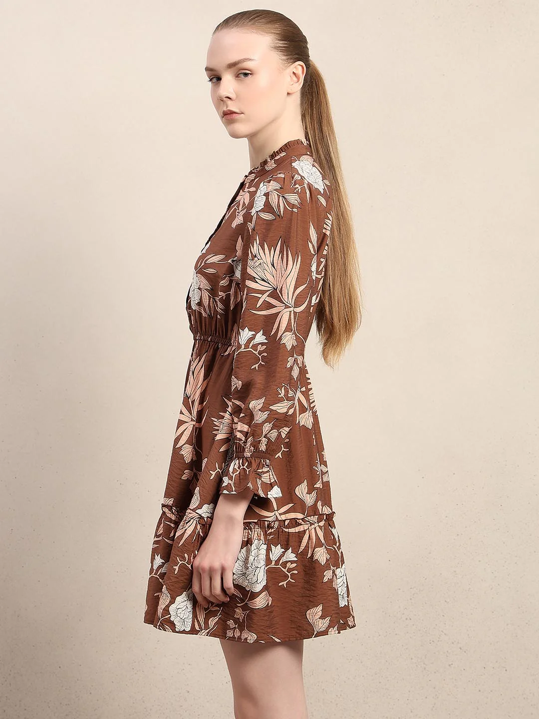 Brown Floral Print Mini Dress - Image 3