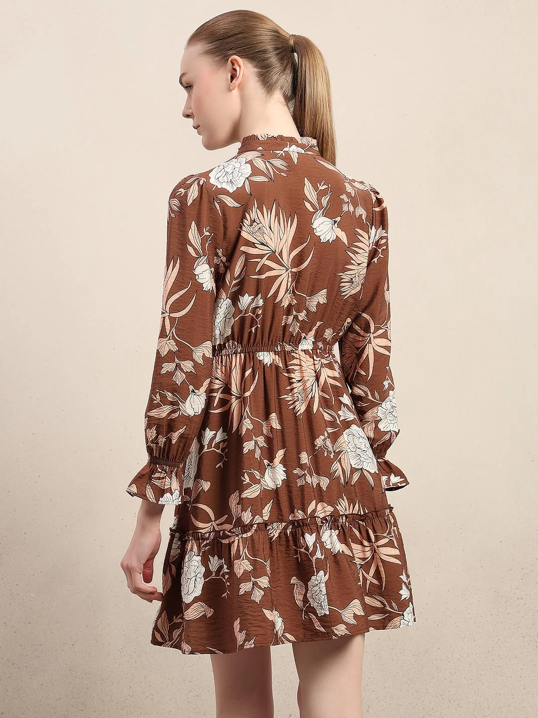 Brown Floral Print Mini Dress - Image 4