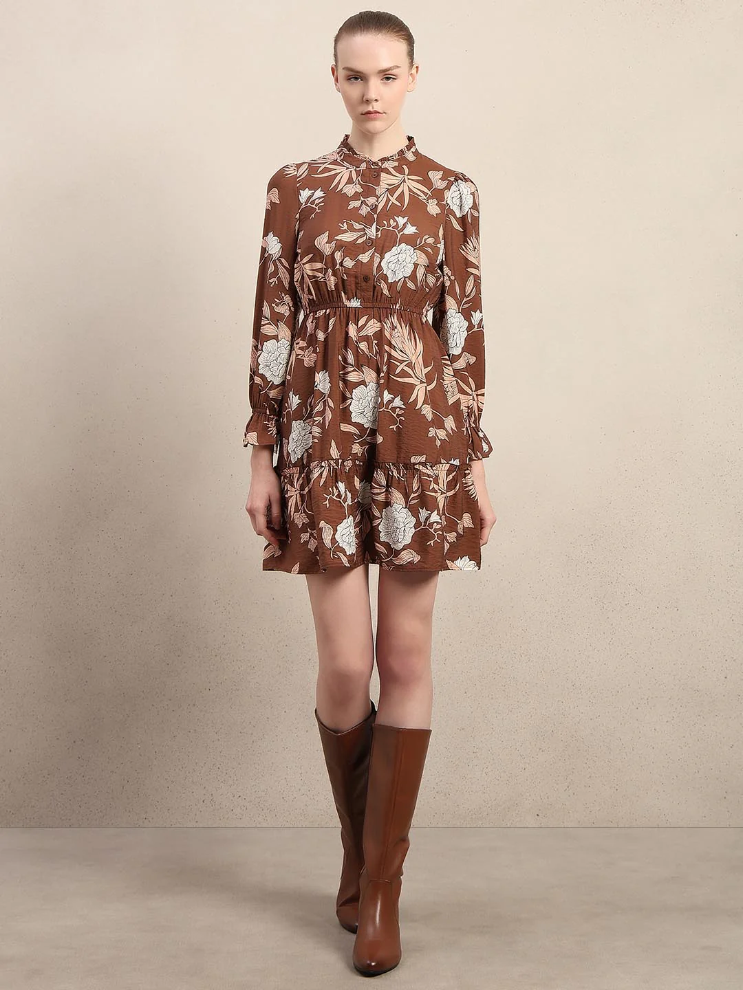 Brown Floral Print Mini Dress - Image 5