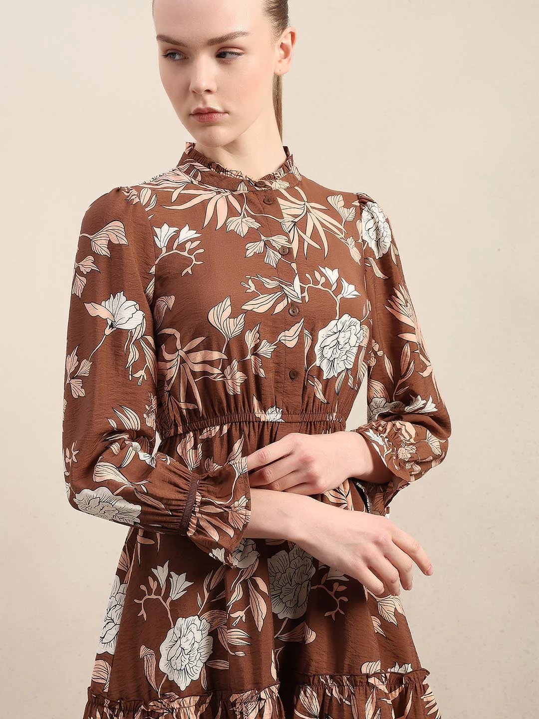 Brown Floral Print Mini Dress - Image 6